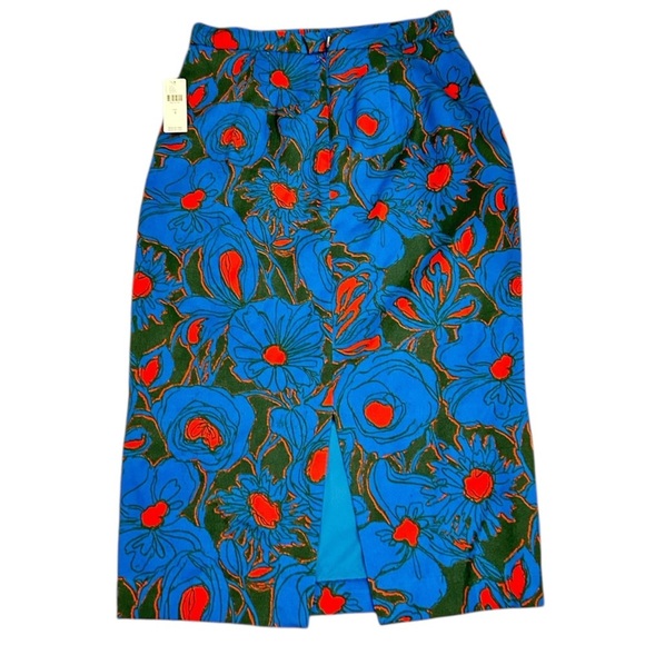 Anthropologie Blue & Red Poppy Knee-Length lined Pencil Skirt back Slit size 4 - Picture 6 of 11